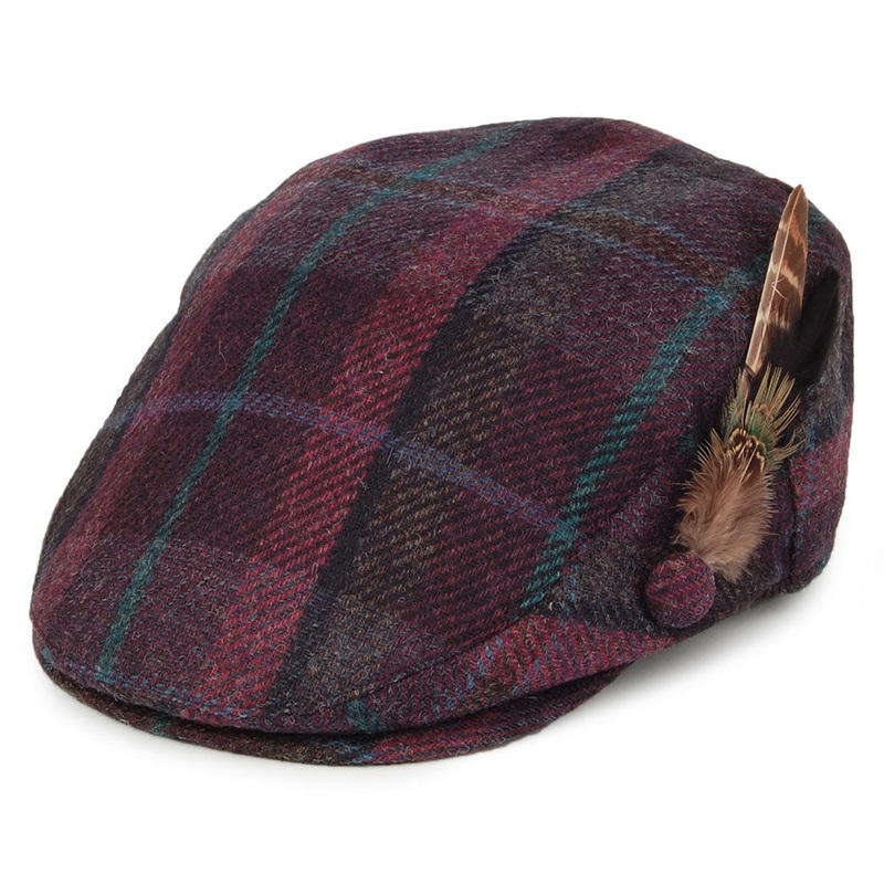 Failsworth Hats British Wool Tartan Feather Flat Cap – Purple-Blue Small/Medium