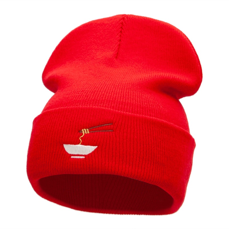 Noodle Bowl Embroidered 12 Inch Long Knitted Beanie Red One Size