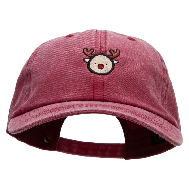 Reindeer Cartoon Embroidered Unstructured Pigment Dyed Cotton Cap Wine One Size
