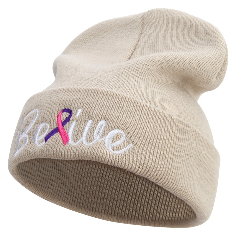 Cancer Awareness With Belive Embroidered 12 Inch Long Knitted Beanie Birch One Size