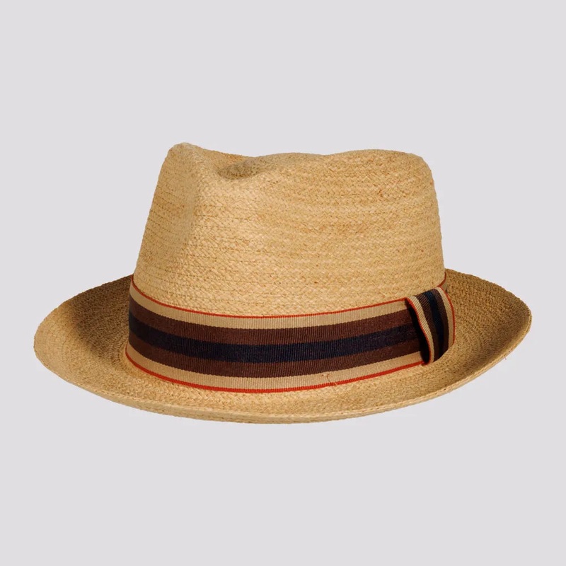 Oslo | Womens Woven Raffia Braid Fedora Hat with Striped Band Natural MD