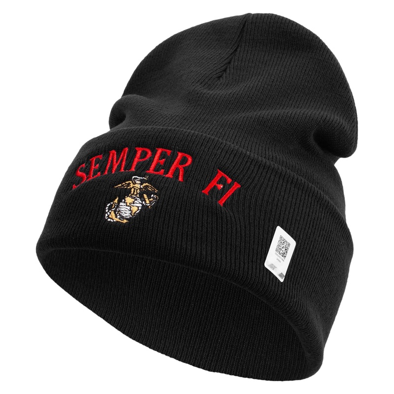 US Marine Semper Fidelis Logo Embroidered 12 Inch Solid Knit Cuff Long Beanie Made in USA Black One Size