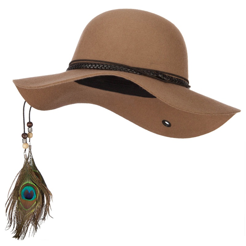 Women’s Wool Leather Band Suede Rope Tie with Feather Detailed Bucket Hat Mocha One Size