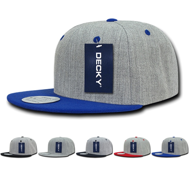 Decky 1092 Heather Grey Snapback, 6 Panel Flat Bill Hat Heather Grey/Navy
