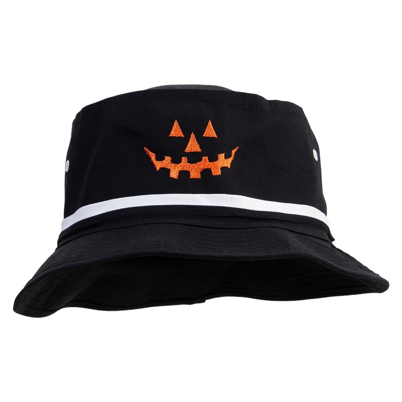 Halloween Pumpkin Face Embroidered Big Size Roll Up Bucket Hat Black White XL-2XL