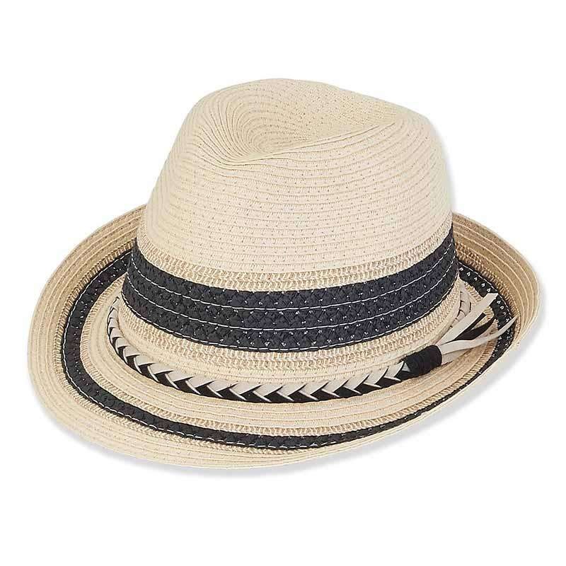 Striped Crown Fedora Hat with Braided Suede Band – Sun ‘N’ Sand Hats Natural / Black Medium (57 cm)