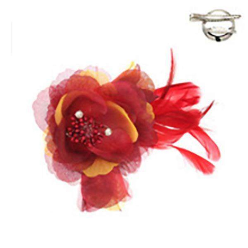 Triple Flower and Feather Brooch Pin Red-Yellow