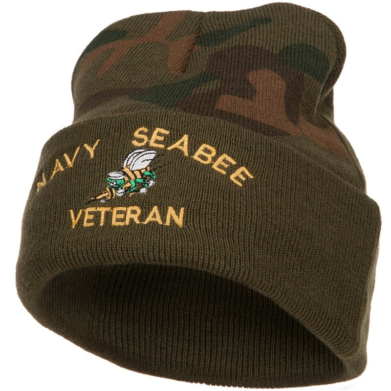 US Navy Seabee Veteran Military Embroidered Camo Knit Long Beanie Green One Size