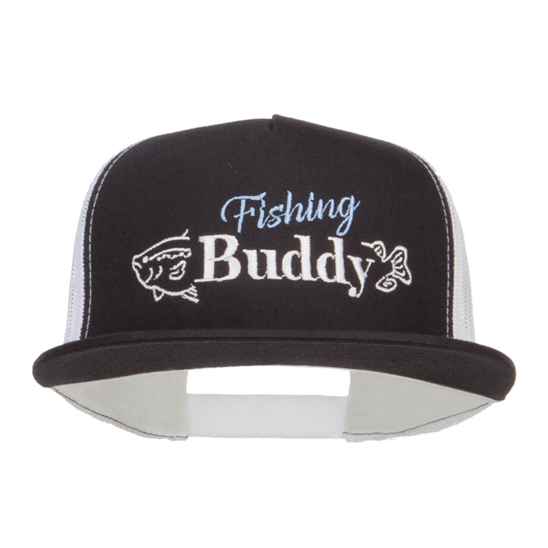 Fishing Buddy Embroidered Snapback Mesh Cap Black White One Size