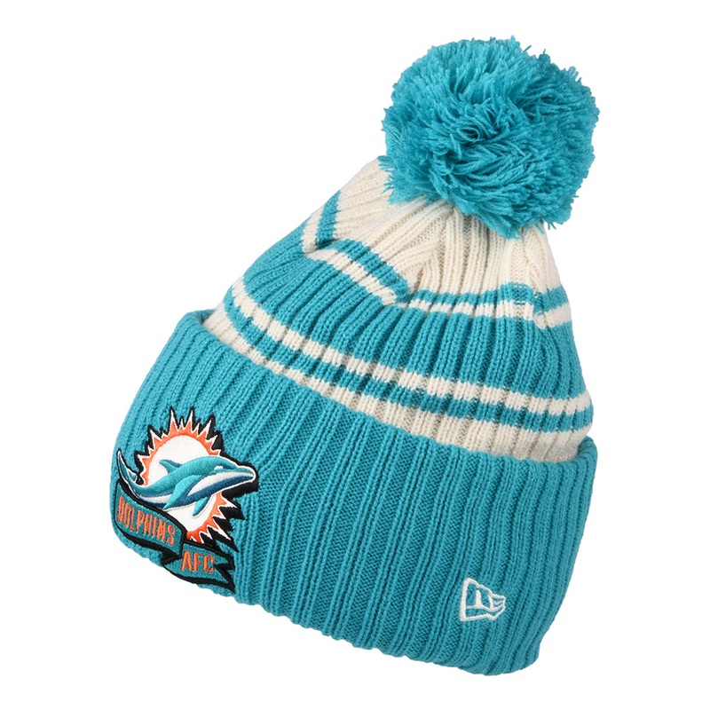 New Era Miami Dolphins Bobble Hat – NFL Sideline Sport Knit – Teal-White 1-Size