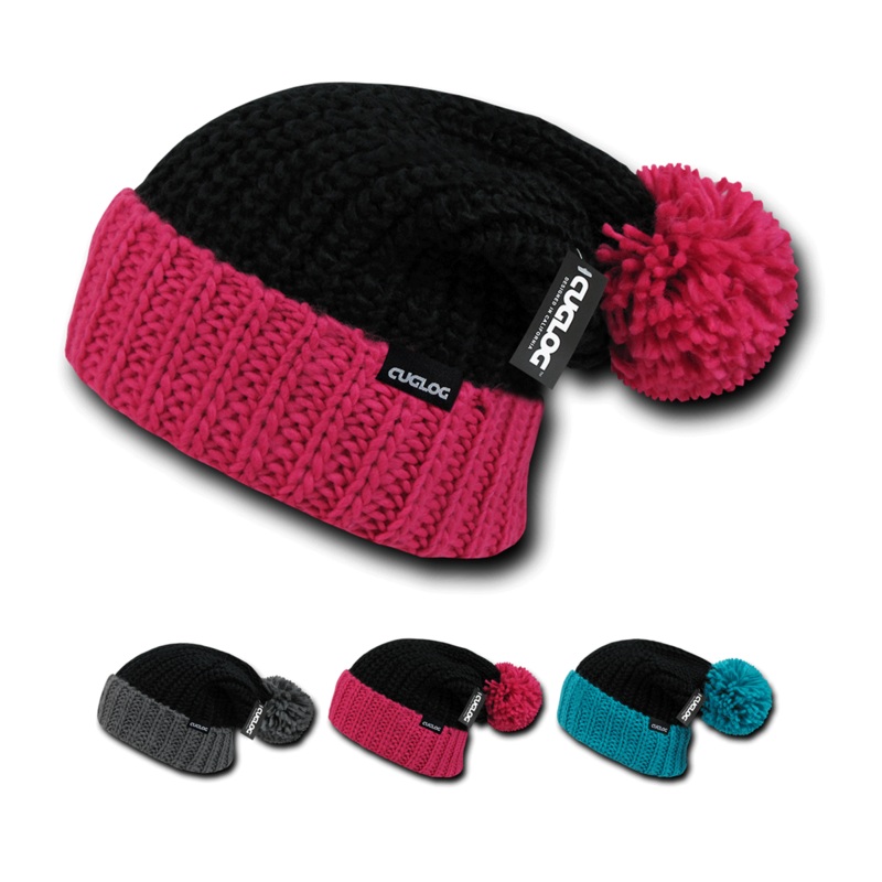 Rainier Beanie, Knit Cap, Cuff Beanie with Pom Pom – Cuglog K030 Black/Grey