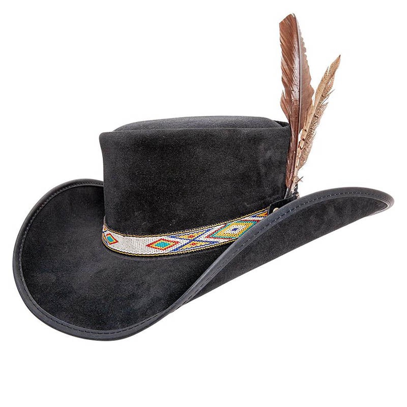 Shawnee Suede Leather Western Hat with Large Feather – Steampunk Hatter, USA Black S (54-55 cm)