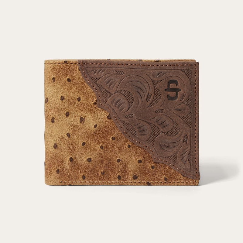 Tooled Embossed Ostrich Bi-Fold Wallet Brown / California Nut O/S
