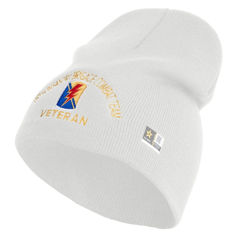 U.S. Army 79th Infantry Brigade Combat Team Symbol Embroidered 8 Inch Solid Knit Short Beanie Made in USA White One Size