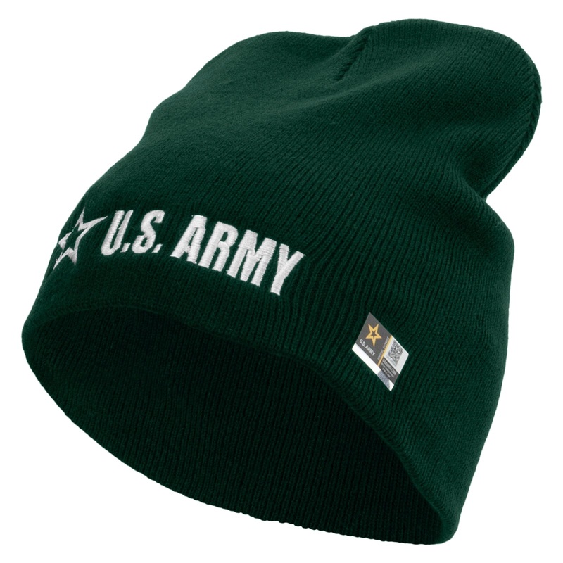 US Army Star Embroidered 8 Inch Knitted Short Beanie Dk Green One Size