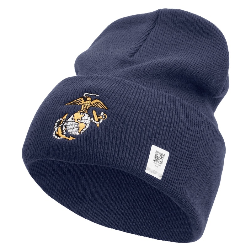 US Marine Corps Emblem Logo Embroidered 12 Inch Solid Knit Cuff Long Beanie Made in USA Navy One Size