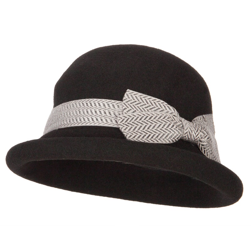 Women’s Wool Felt Herringbone Design Ribbon Accented Rolled Up Brim Bucket Hat Black One Size