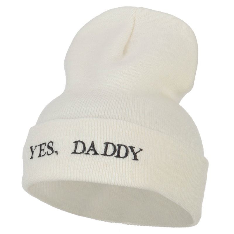 Words of Yes, Daddy Embroidered Long Beanie White One Size