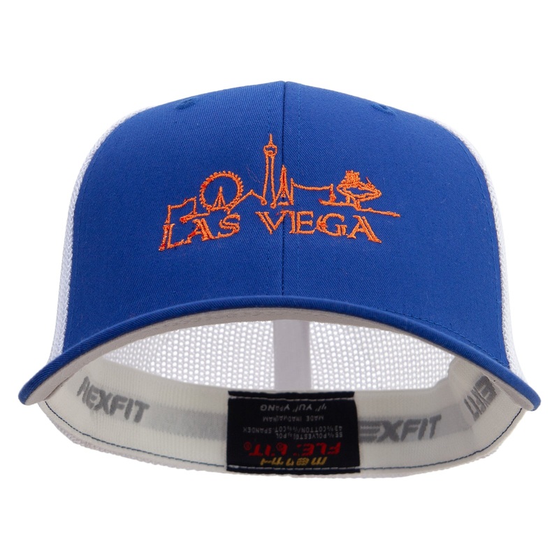 Bright Las Vegas Skyline Embroidered Flexfit Mesh Cotton Twill Trucker 2 Tone Cap Royal White One Size