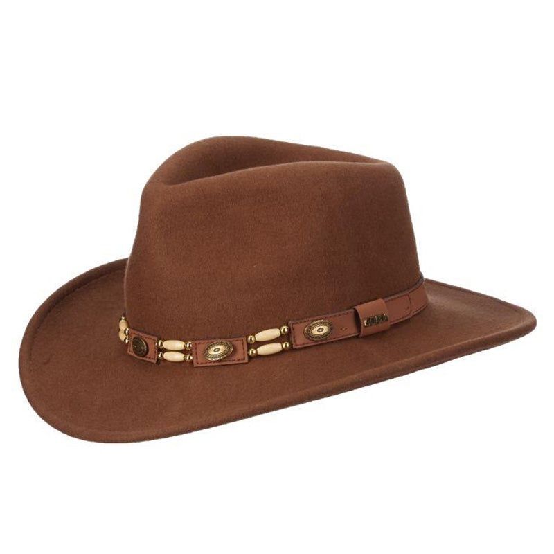 Crushable Water Repellent Wool Felt Outback Cowboy Hat with Bead Band – Scala Hats Pecan Medium (57 cm)