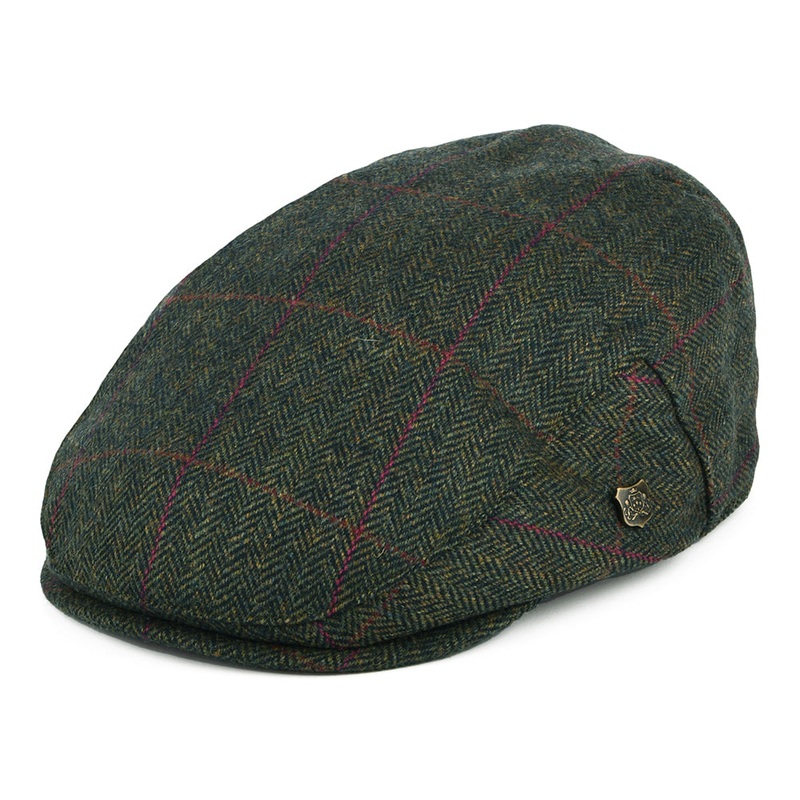 Failsworth Hats Cambridge Windowpane Herringbone British Wool Flat Cap – Dark Olive 55