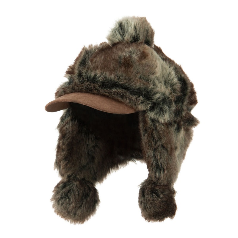 Faux Fur Trapper Hat with  Pom Pom Accent Brown One Size