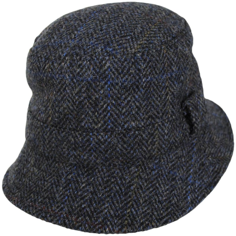 Grouse Harris Tweed Wool Overcheck Herringbone Bucket Hat GRAY S