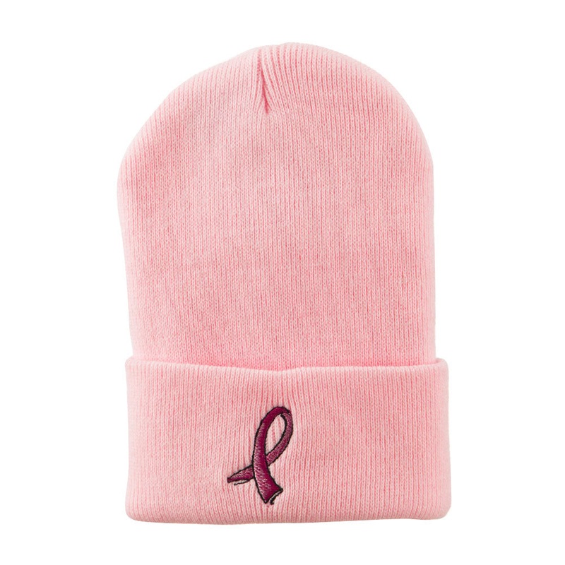 Hot Pink Breast Cancer Logo Embroidered Long Beanie Pink One Size