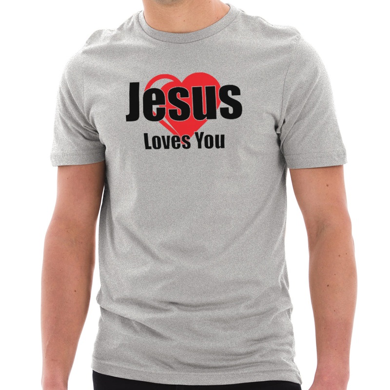 Jesus Loves You Phrase Graphic Design Short Sleeve Jersey T-Shirt Heather Grey XS