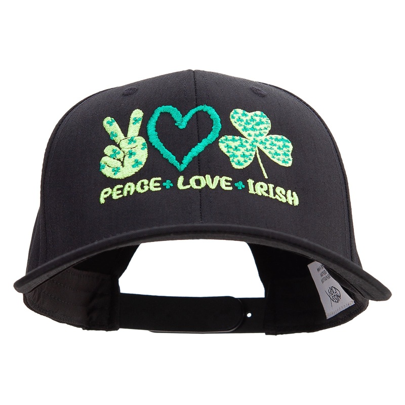 Peace Love Irish Embroidered Unconstructed high profile Cotton Flat Bill Cap Black One Size