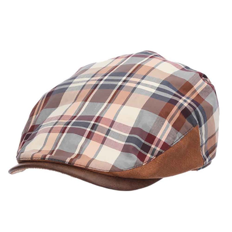 Plaid Cotton Flat Cap with Faux Leather Peak – Stacy Adams Hats Brown S/M