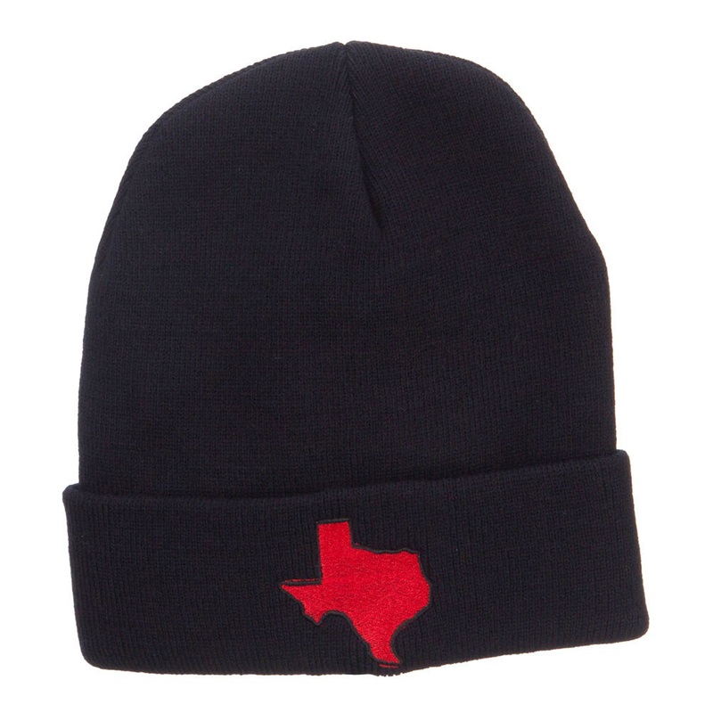 Red Texas State Map Embroidered Cuff Beanie Black One Size