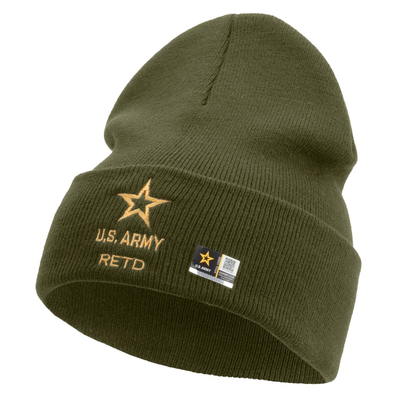 Star US Army Retired Military Embroidered 12 Inch Solid Knit Cuff Long Beanie Made in USA Olive One Size
