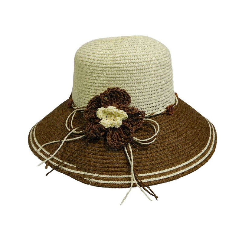 Two Tone Summer Hat with Crochet Flower Cream / Brown