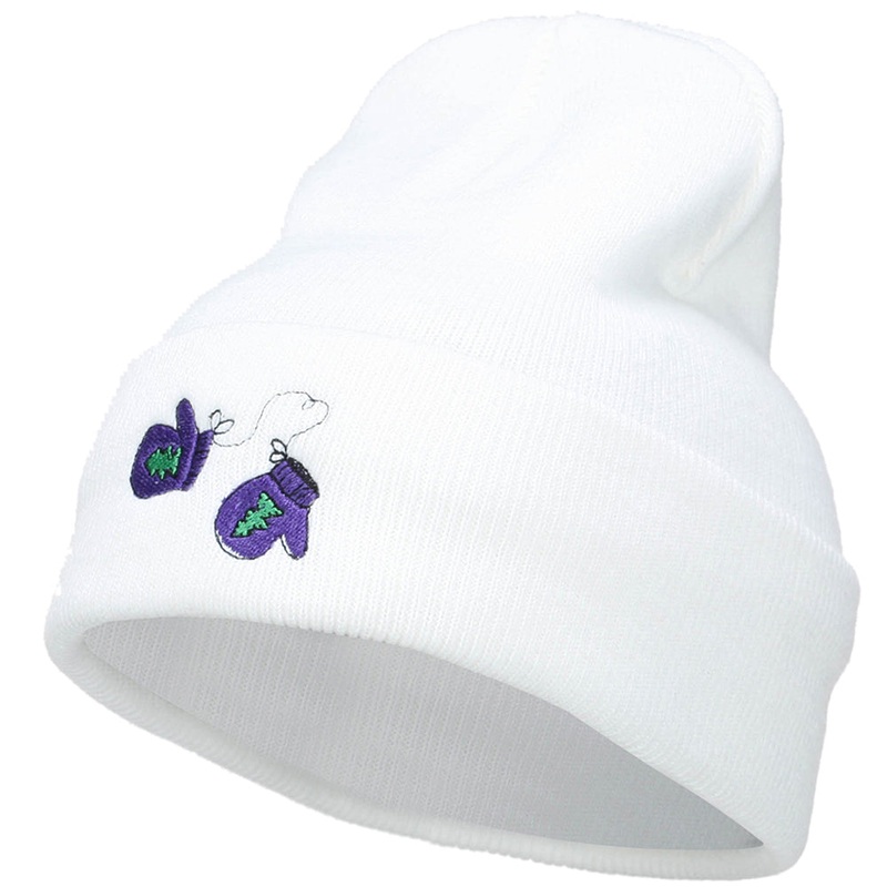 Winter Mittens Embroidered Long Beanie White One Size