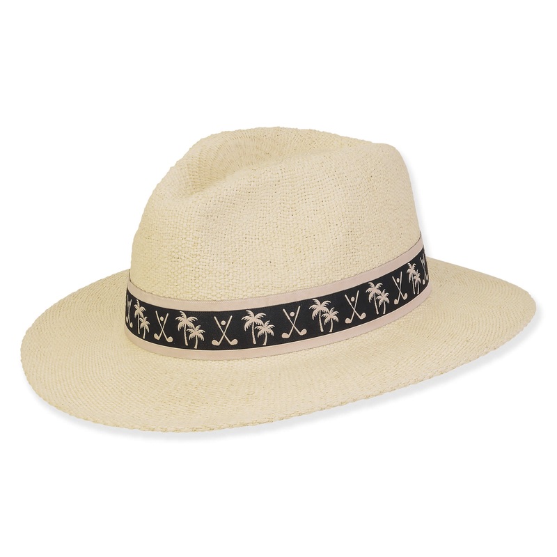 Men’s Sun Hat with Golf Clubs and Palm Trees Band – Tidal Tom Hats Natural L/XL (60 cm)