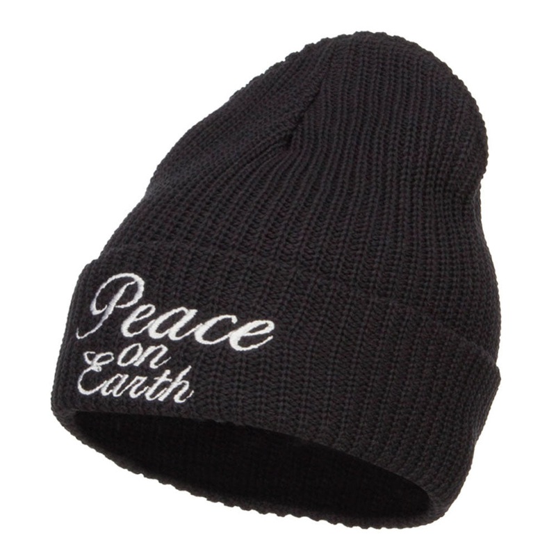 Peace on Earth Embroidered XL Ribbed Beanie Black XL