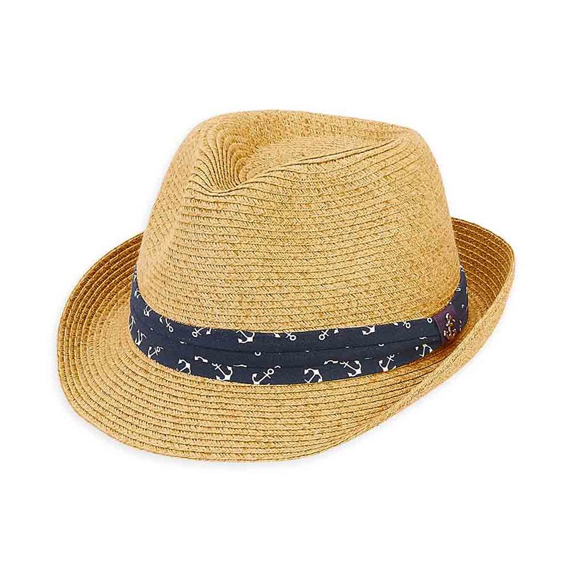 Small Heads Straw Fedora Hat with Anchor Print Band – Sunny Dayz Natural XS (54 cm)