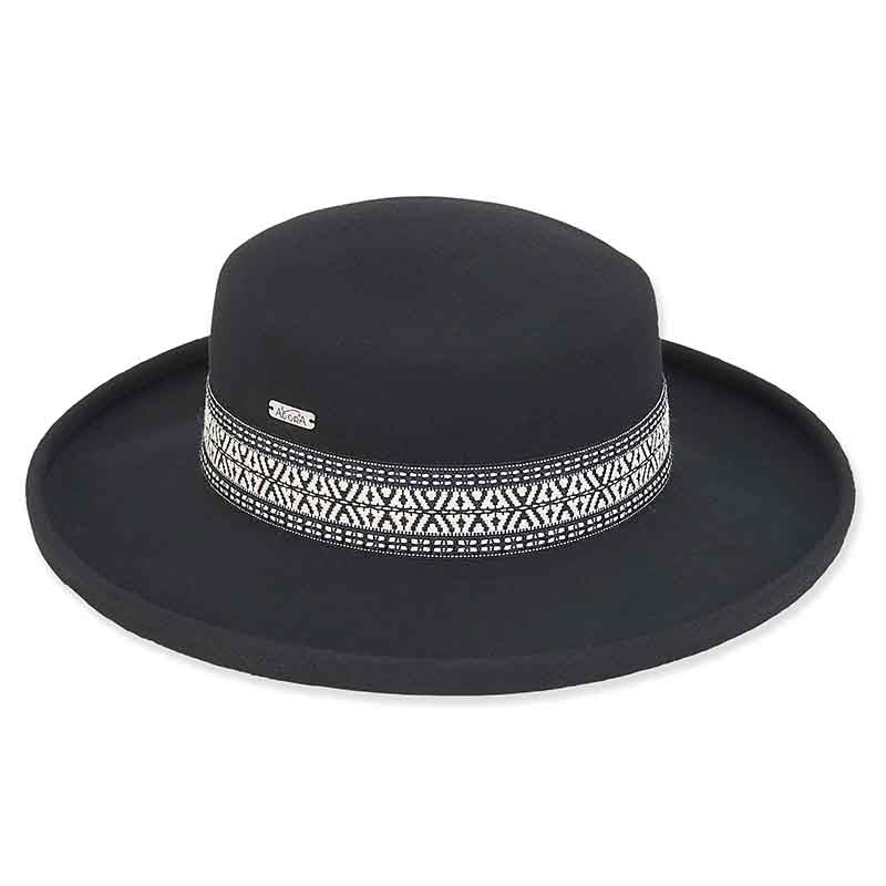 Adora Wool Hat – Wool Felt Wide Brim Gambler Hat with Woven Band Black Medium (57 cm)