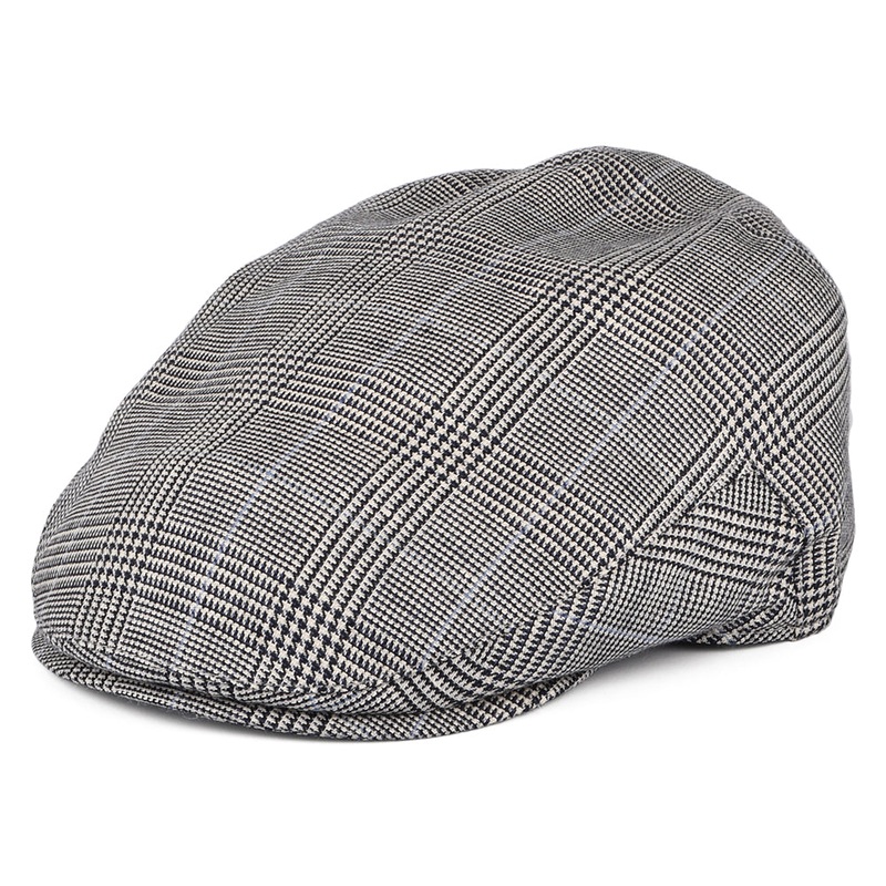 Christys Hats Ascot Camberley Prince of Wales Check Linen-Wool Flat Cap – Black-White-Blue S