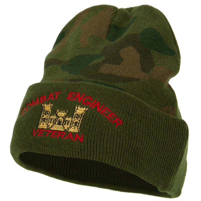 Combat Engineer Veteran Logo Embroidered Camo Knit Long Cuff Beanie Green One Size