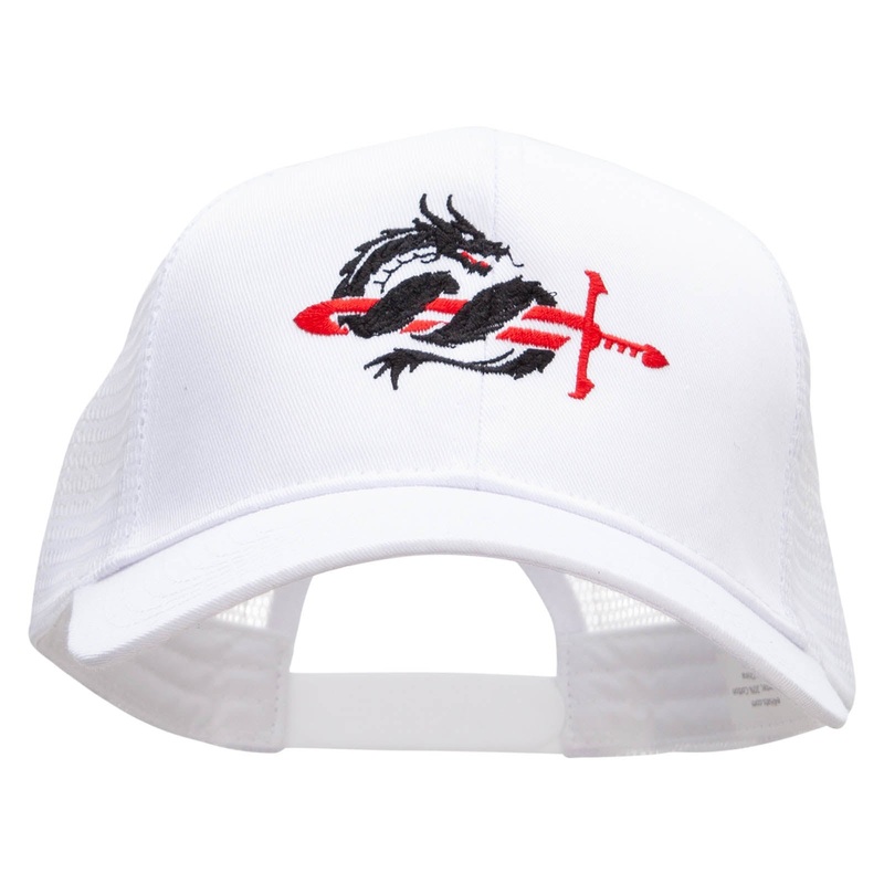 Dragon Sword Embroidered Solid Cotton Prostyle Twill Mesh Cap White One Size