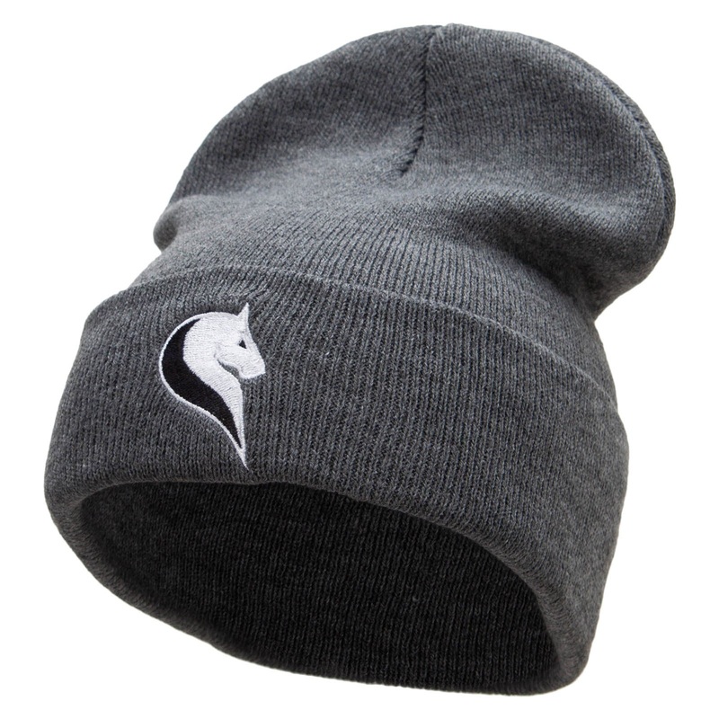 Horse Symbol Embroidered 12 Inch Long Knitted Beanie Dk Grey One Size