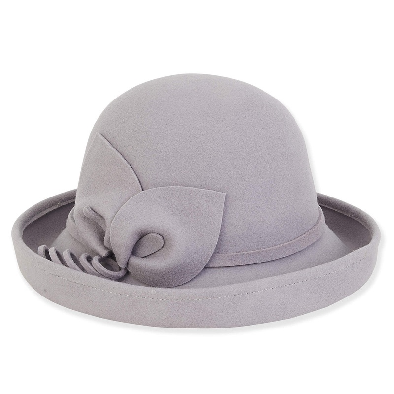 Adora Wool Hat – Wool Felt Up Brim Hat with Floral Trim Grey OS