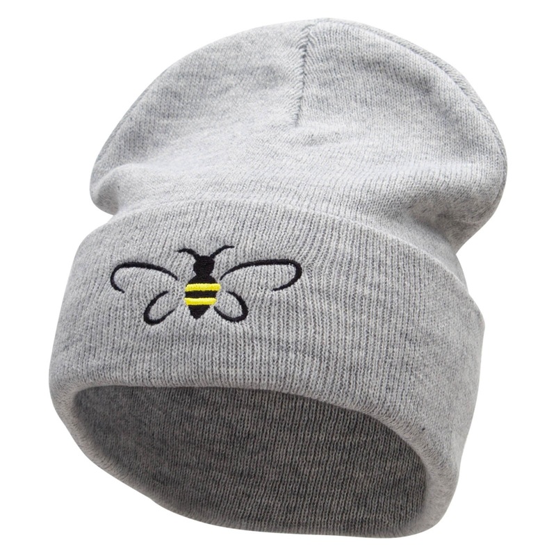 Bee Embroidered 12 Inch Long Knitted Beanie Heather Grey One Size