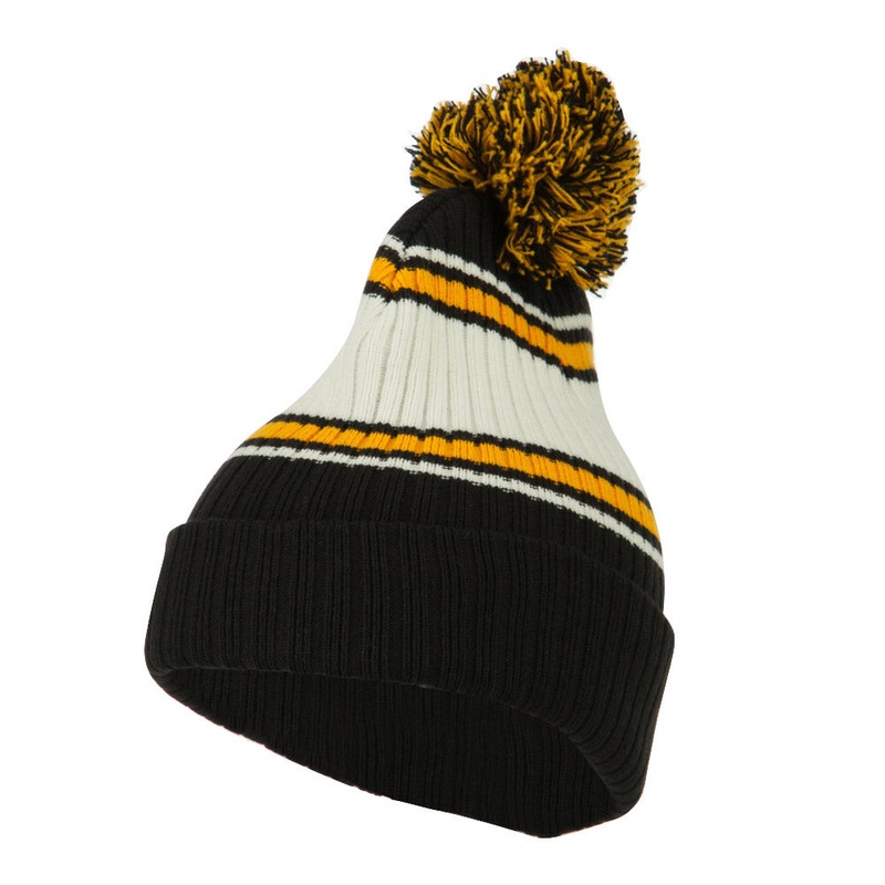 Contrast Jacquard Striped Cuff Watch Cap Beanie Black Gold One Size