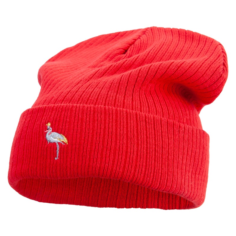 Crowned Crane Embroidered Big Size Cuff Long Beanie Red XL-3XL