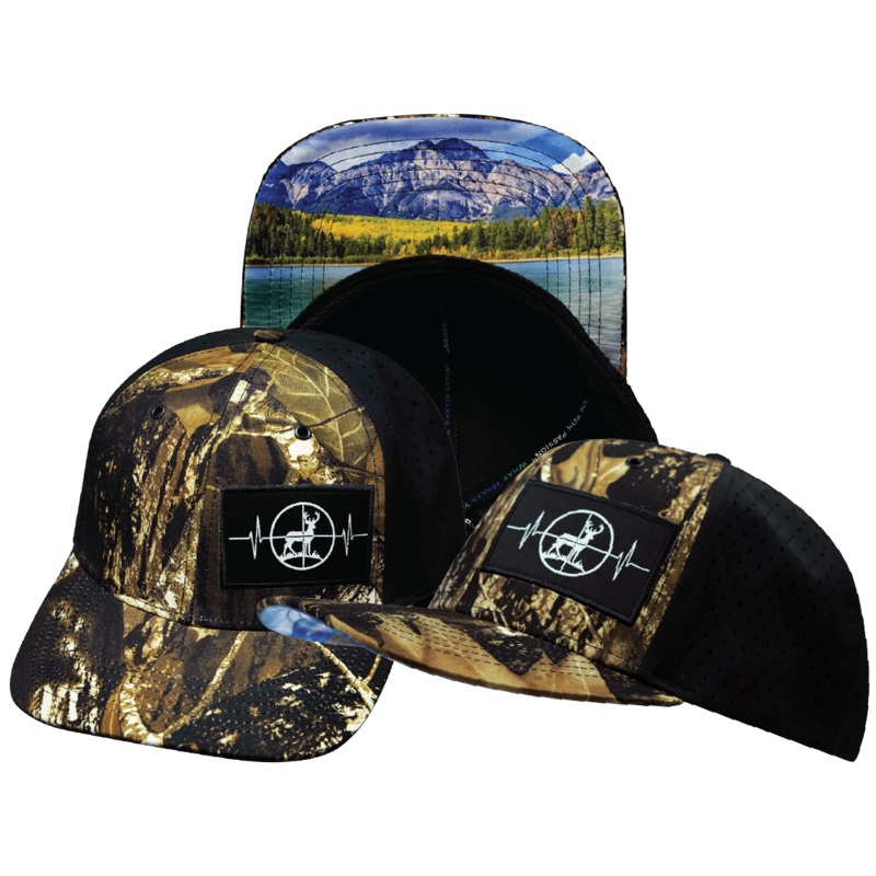 Hunting Hat – Baseball Hat Fit – Natural Tree Camo / Black – Laser Mesh