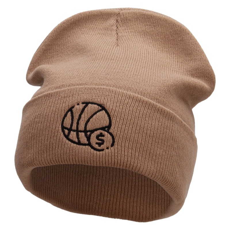 Basketball Bet Embroidered 12 inch Acrylic Cuffed Long Beanie Khaki One Size
