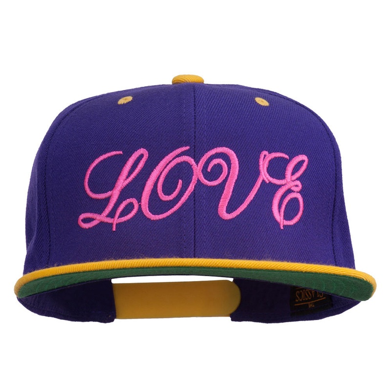 Calligraphy Love Embroidered Snapback Cap Purple Gold One Size